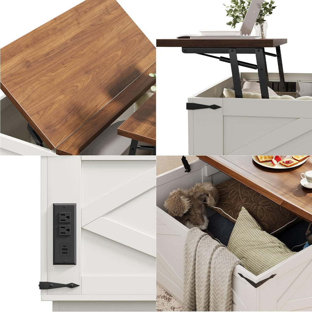 Farmhouse Lift Top Coffee Table, Square Wood Center Table with LED Lighting, USB-C Charging Station