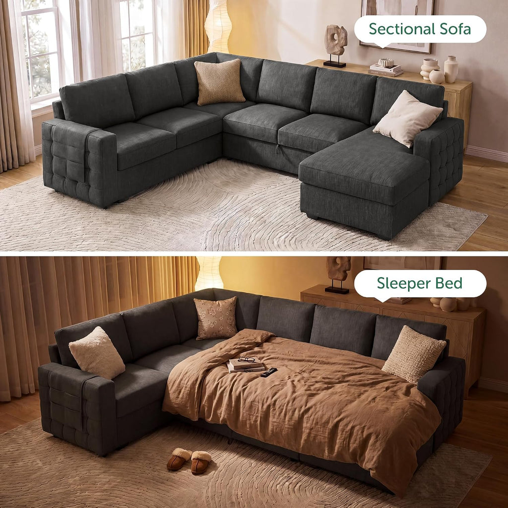 Sectional Couch with Pull Out Bed, U-Shaped Sectional Sleeper Sofa with Storage, 6 Seater Sectional Sofa Bed, Mid-Grey