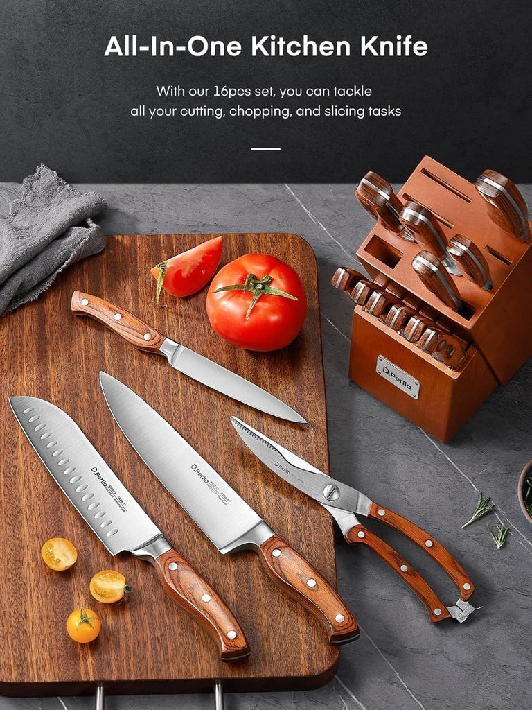 Kitchen Knife Set, 16 Pcs Stainless Steel Knife Block Set with Wood Handle | Kitchen Knife Set with Sharpener