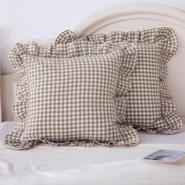 Taupe/White Plaid Euro Pillow Shams Ruffle Pillowcases Set of 2,Shabby Checkered Washed Cotton Pillow Covers-26