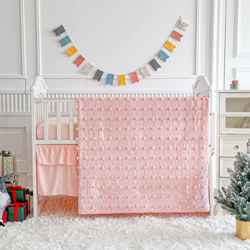 Pink Crib Bedding Set Tufted Dots Jacquard Baby Girls Comforter with Fitted Sheet and Bed Skirt - Cute Embroidery