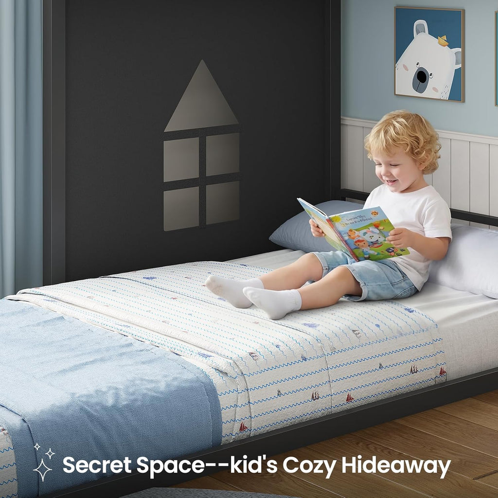 Low Bunk Bed Twin Over Twin with Toy Storage Organizer-6 Removable Bins, Floor Bunk Beds with LED Lights