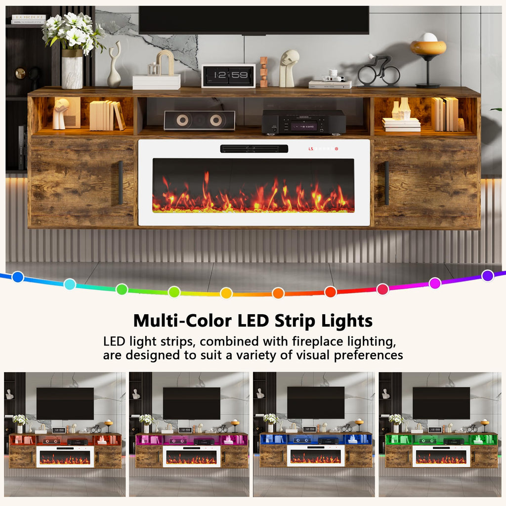 70" Floating with 36" Electric Fireplace, High Gloss Finish Wall Mounted Electric Fireplace with Storage and 16