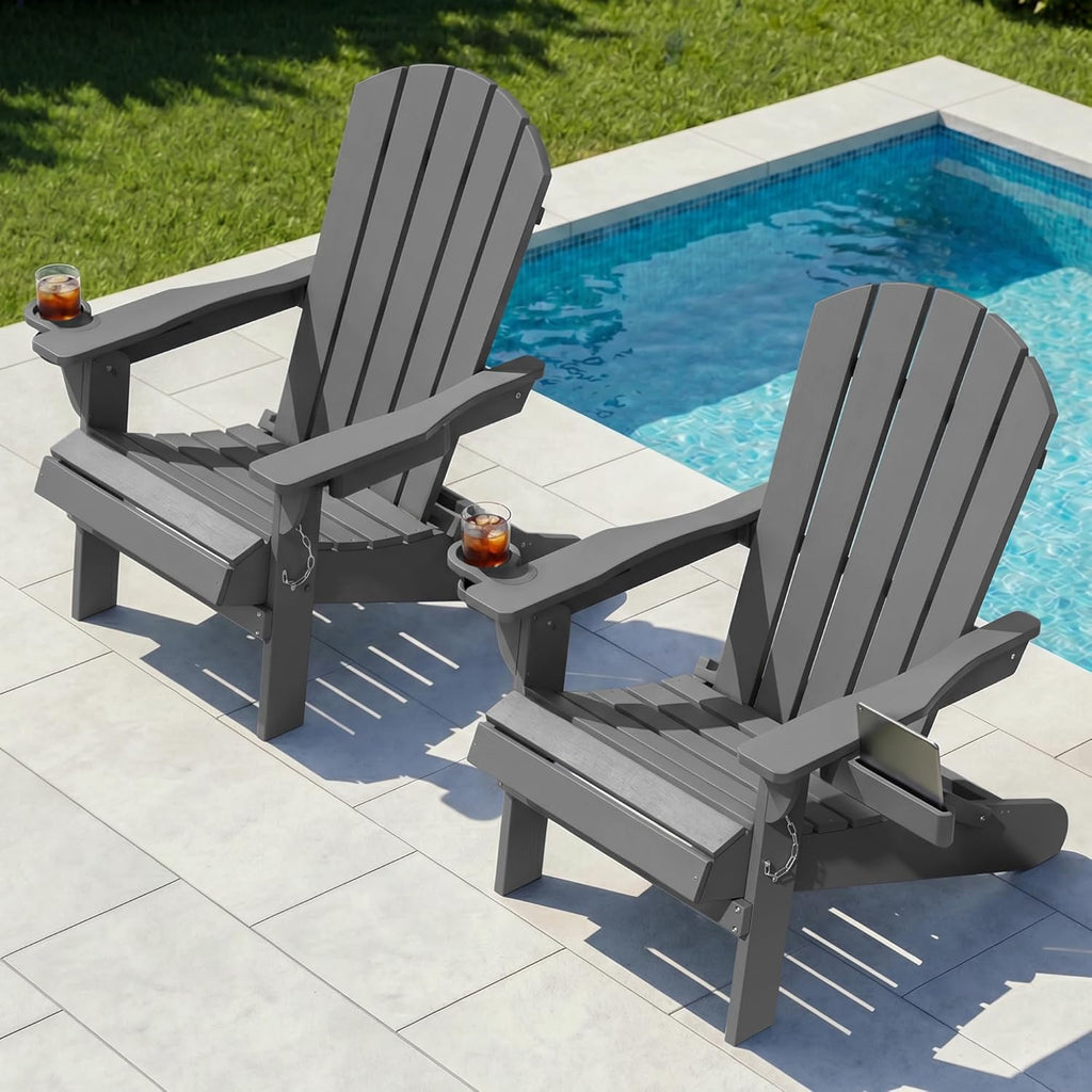 Folding Adirondack Chairs Set of 2,HDPE All-Weather Patio Chairs with Cup Holder & Phone Holder,Wooden Textured Fire