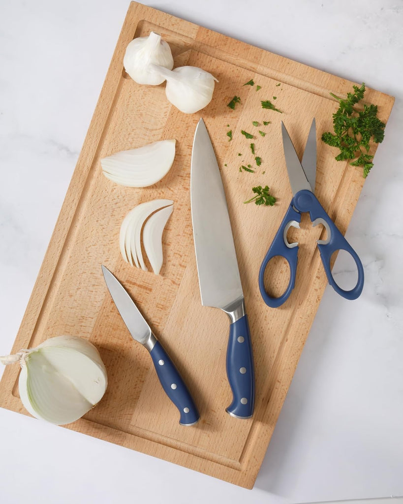Greeley Forged High Carbon Stainless Steel 14 Piece Knife Block Set, Navy Blue Kitchen Knife Set with Acacia Wood