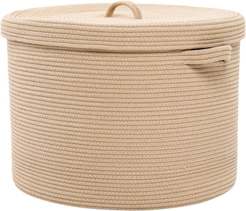 16x18 Inch Extra Large Round Cotton Rope Storage Basket with Lid, Decorative Woven Bin with Cover Bedroom Closet
