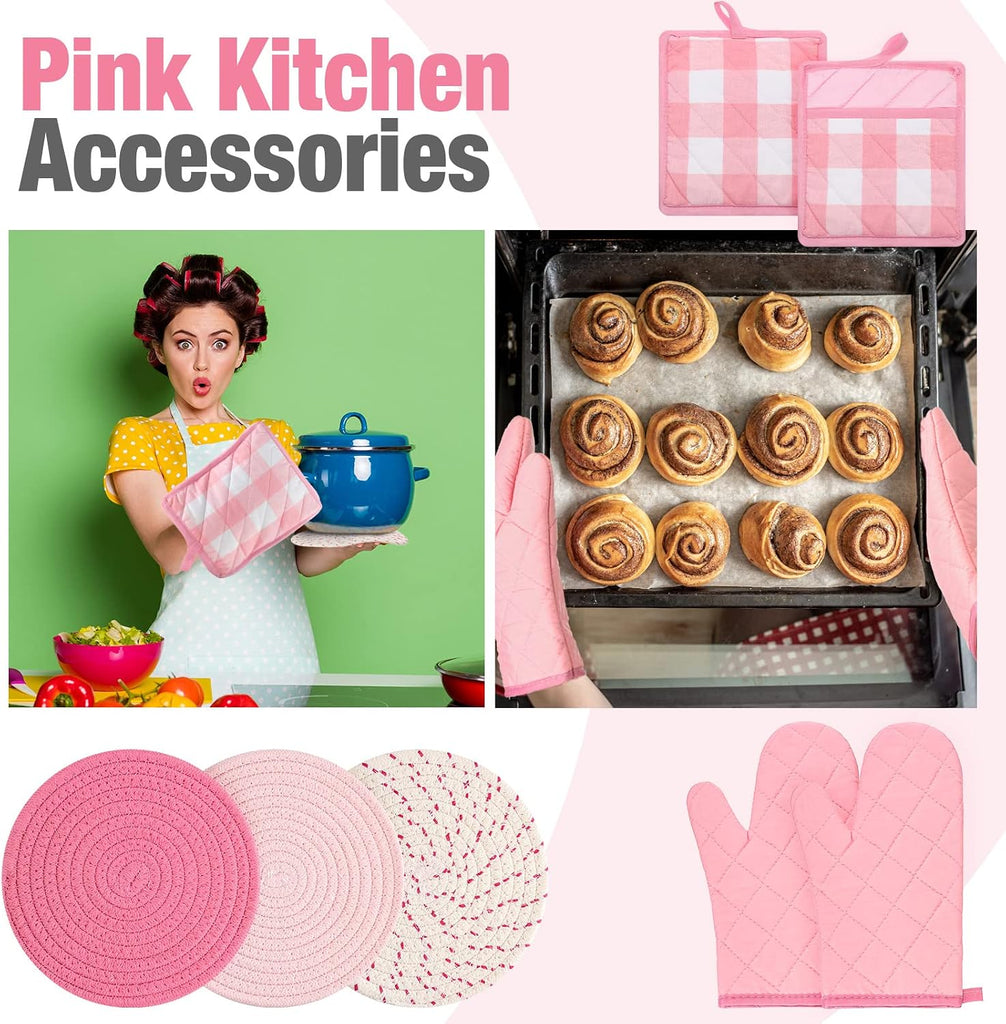 Pink Oven Mitts and Pot Holders 7 Sets, Heat Resistant Kitchen Gloves Pads Pot Holders for Women Gifts Kitchen