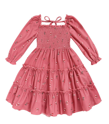 Toddler Girl Dress Long Sleeve Baby Floral Smocked Square Neck Playwear Dress | Spring Fall Casual Dresses (Rosy