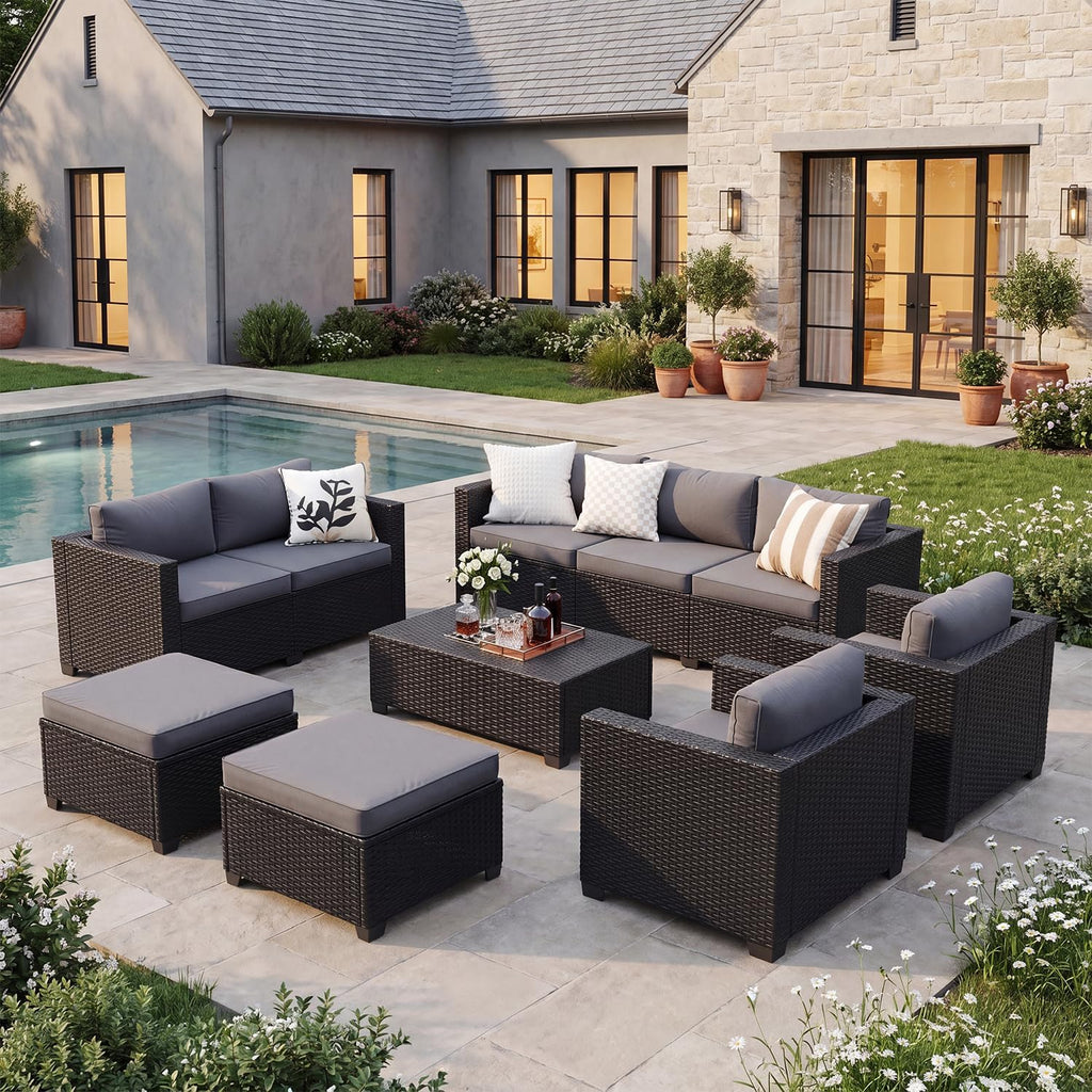 7-Piece Outdoor Patio Furniture Set, Grey | Rattan Outdoor Sectional with Thick Waterproof Cushions, Ottomans &