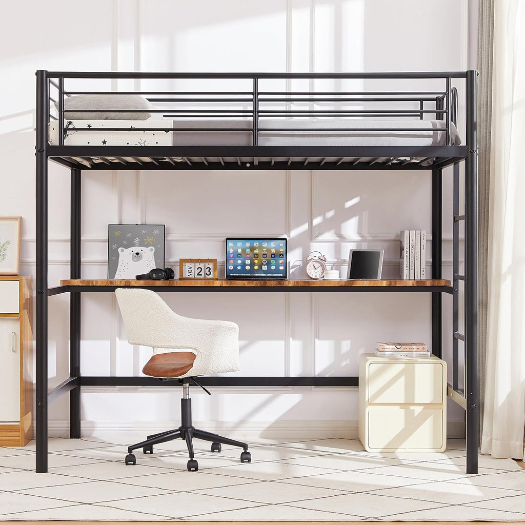 Metal Loft Bed Twin with Desk, Heavy Duty Bedframe with Removable Ladder and Safety Guardrail, Space-Saving