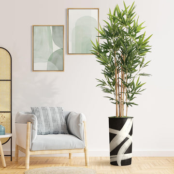 Tree in Geometric Pattern Planter, Fake Bamboo Silk Tree for Indoor and Outdoor Home Decoration - 70" Overall Tall