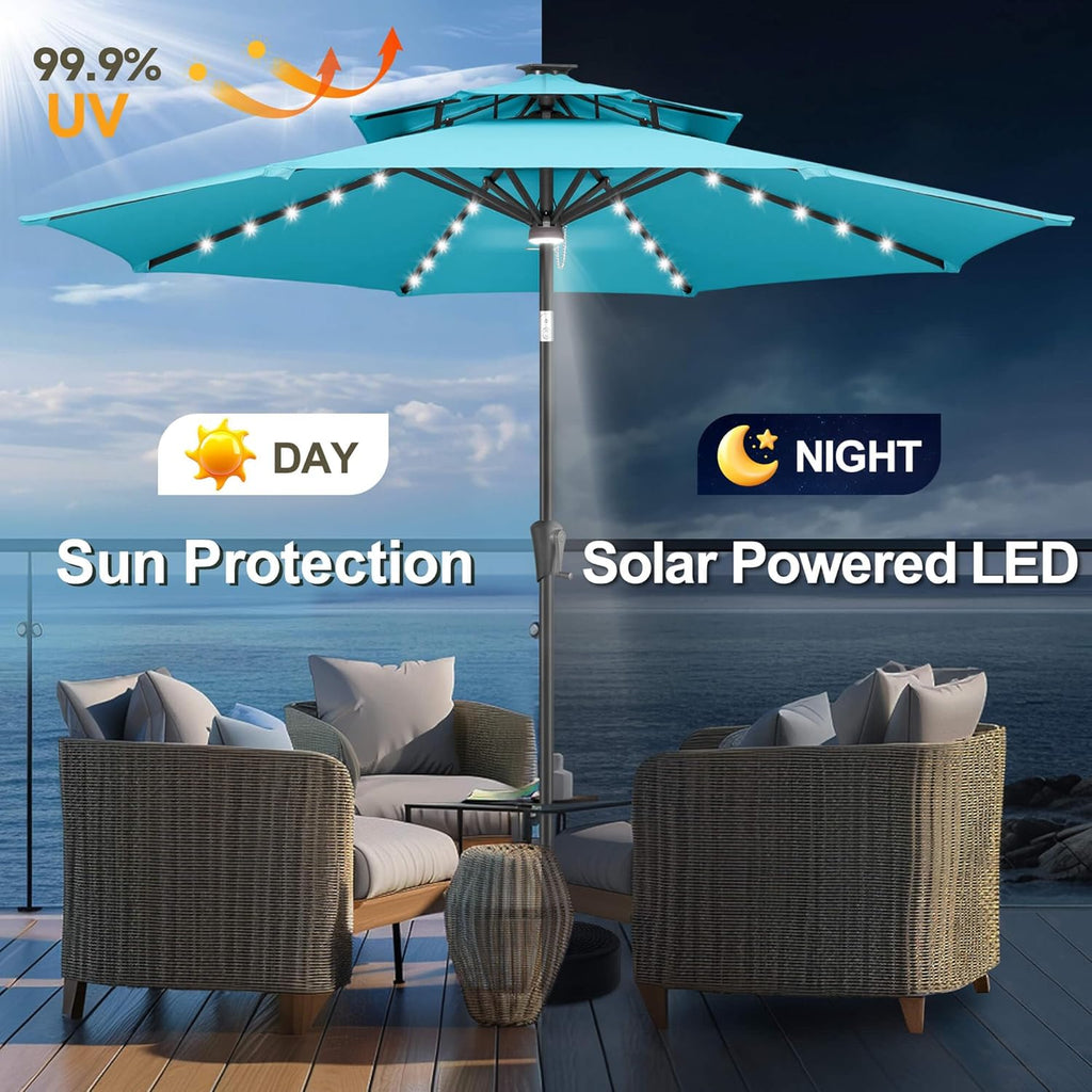 2 Tiers 9ft Solar Light Patio Umbrella, 40 LED lights outdoor umbrella with Centre Surround Light