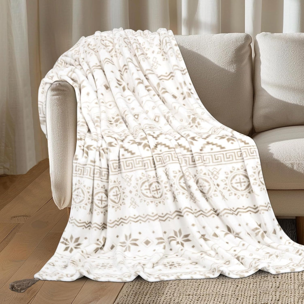 Flannel Boho Blanket, Country Western Aztec Blanket, Southwestern Throw Blankets with Tassel, Soft Cozy Printed