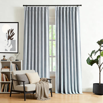 102 Inches Blue Grey Linen Full Blackout Pinch Pleat Curtains