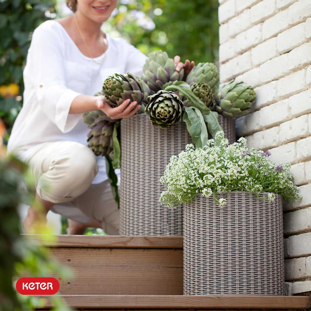 Cylinder Set of 3 Rattan Resin Planter for Indoor and Outdoor Plants Ideal Decorative Planter for Porches and Patio
