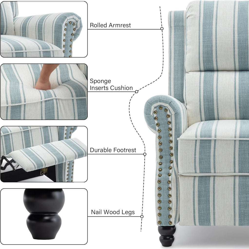 Recliner Chair, Modern Pushback Armchair with Adjustable Backrest & Footrest (Blue Stripe,Set of 2)