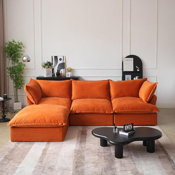 L-Shaped Modular Couches, Deep Seat Sectional Couch with Chaise Ottoman, Modern Comfy Cloud Sectional Sofas, Cushion Covers Removable, Two Corners and A Middle Sofa for Living Room (Orange)