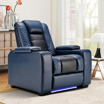 Power Home Theater Seating, PU Leather Electric Recliner Chair with Powered Headrest, Dual Motors Movie Reclining Chairs with LED Lights,USB Port, Cup Holders, Hidden Arm Storage (Blue & Black)