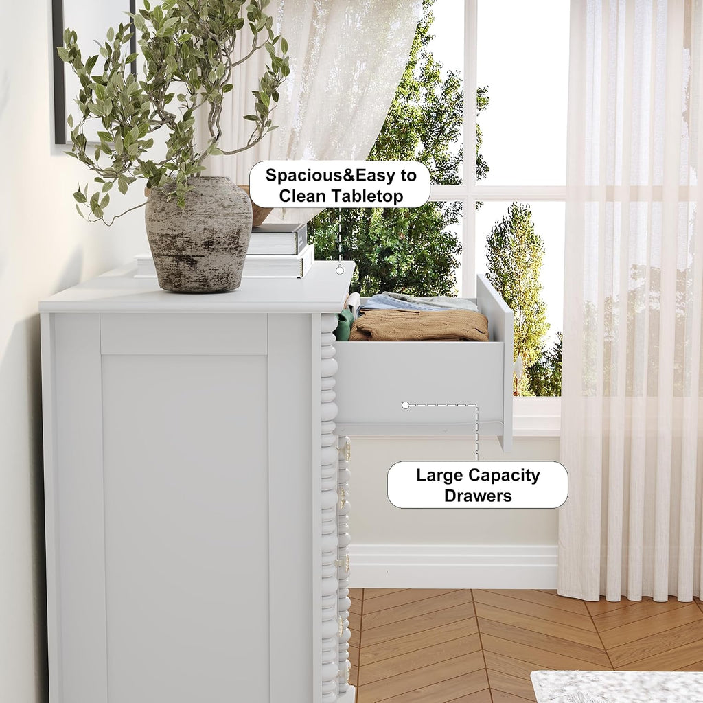 White 6 Drawer Dresser , 47" Wide Chest of Drawers with Turned Legs and Ceramic Knobs, Double Dresser, Wood Drawer