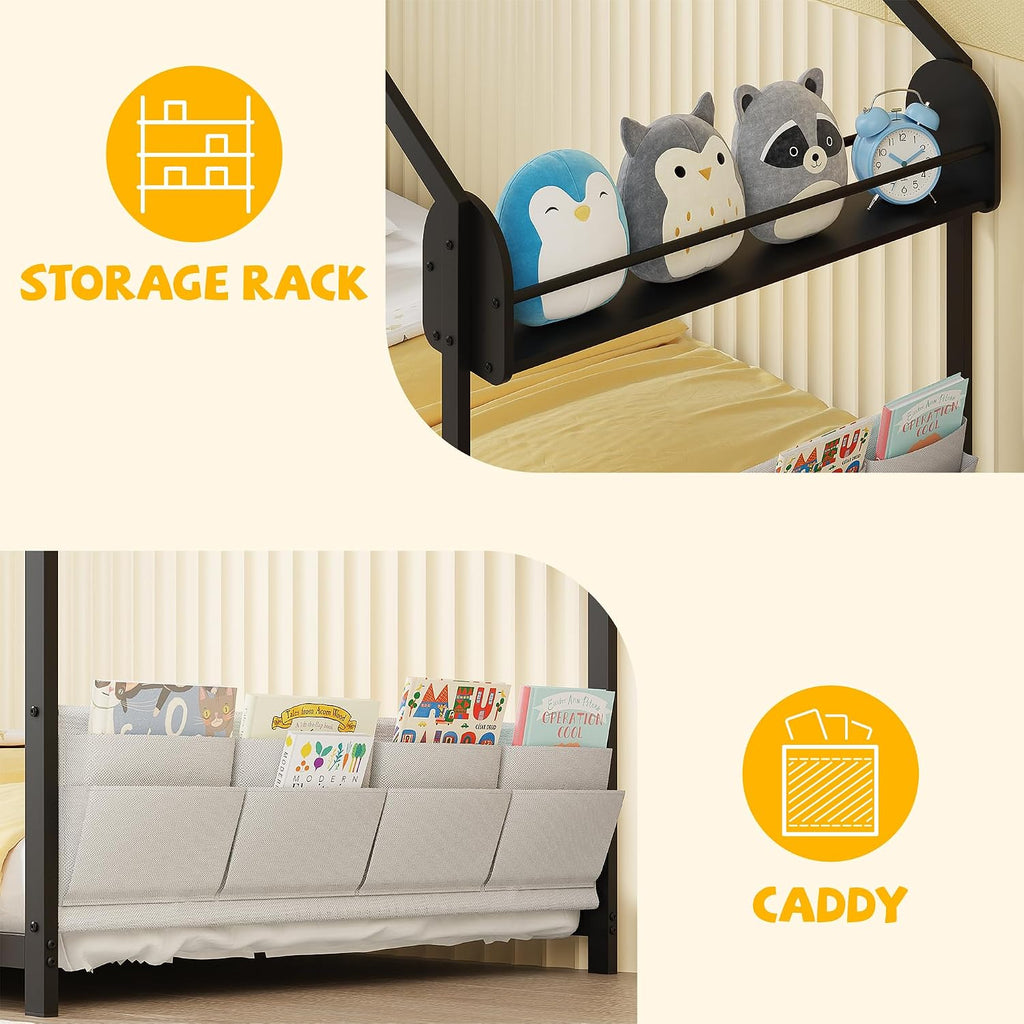 Twin Size House Bed with Storage Rack and Caddy | Montessori House Shape Bed Metal Floor Bedframe for Kids No Box