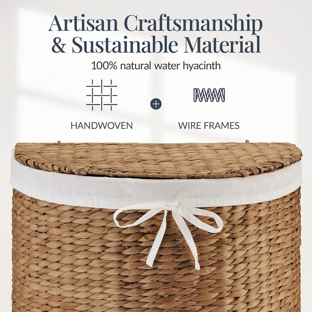 Half Moon Laundry Hamper w/Lid, Woven Half Round Laundry Basket, w/Removable Liner & Bult-in Handles & Laundry Room