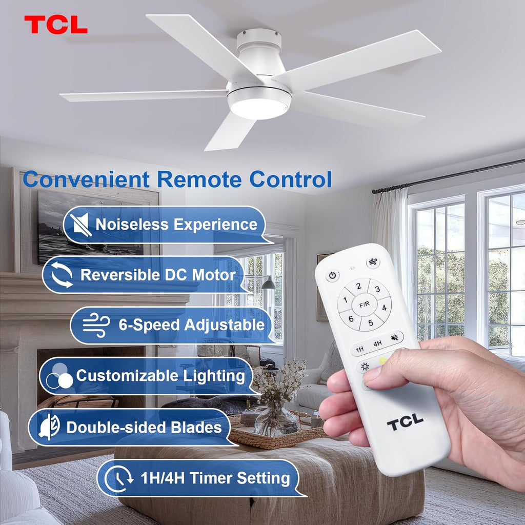52" Modern Ceiling Fan with Lights, 5 Blades, 6 Speeds DC Reversible, Dimmable, White Flush Mount for Bedroom, Living Room and Garage
