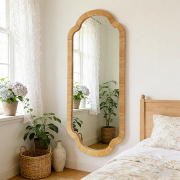 Rattan Wall Mirror, 18" x 40" Handwoven Scalloped Decorative Mirrors, Boho Wicker Vanity Mirror, Dressing Closet
