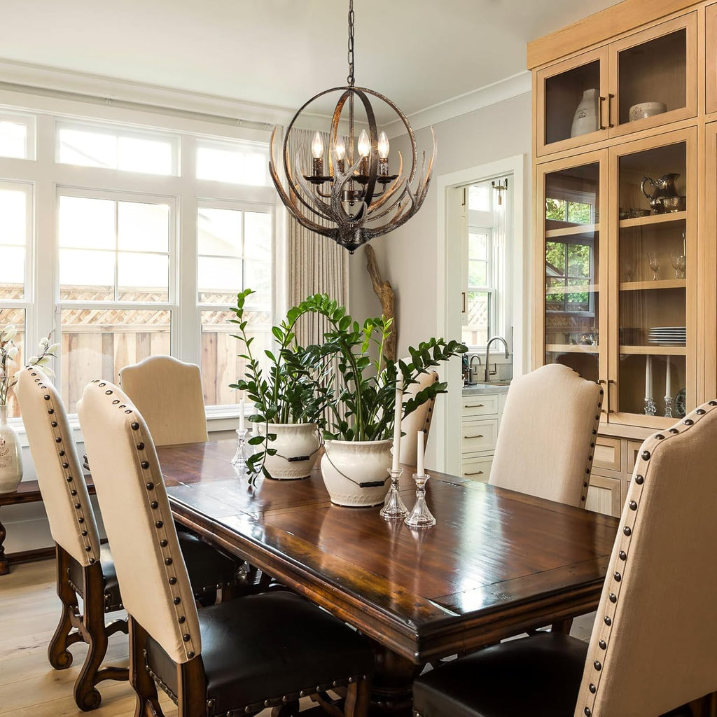20" Retro Antler Chandelier, 4-Light Rustic Farmhouse Black Chandeliers Adjustable Height for Dining Room Kitchen