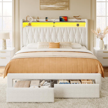 Full Bed Frame with Drawers, Storage Headboard with Charging Station and LED Lights