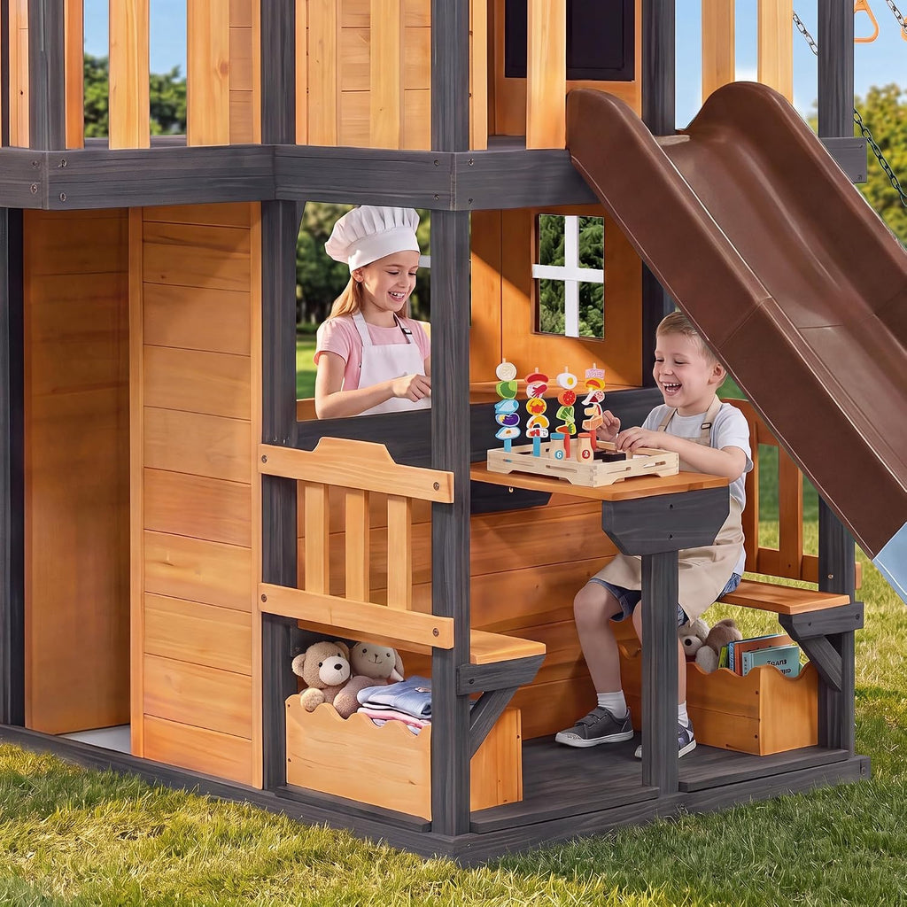 Wooden Swing Sets Playground with Slide Outdoor Playset All-in-One, Natural | Premium Solid Pine Wood, Lets 10