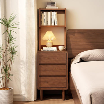 Solid Wood Bookshelf Nightstand Combo, Tall Nightstand with Bookshelf | Walnut Nightstand Bookshelf,Narrow Nightstand