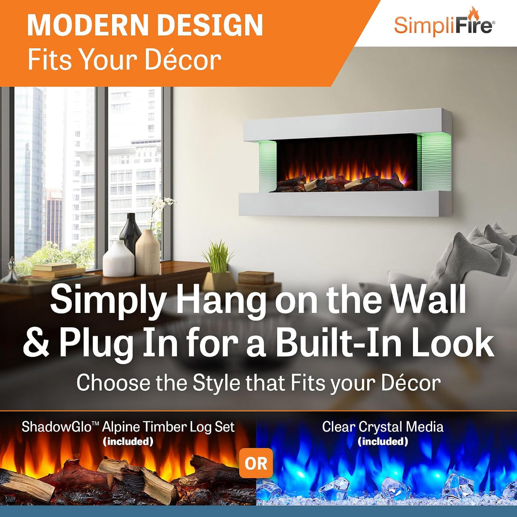 36-Inch Wall Mount Electric Fireplace with 50-Inch Floating Mantel (SF-FORMAT36-SF-FM50-WH)