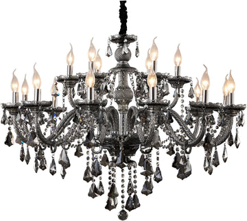 Modern Luxury K9 Crystal Chandelier 18 Light Large Smoky Gray Crystal Chandelier Lighting 39.5" E12 Crystal Pendant Light Fixtures for Living Room, Stair,Store (Double Layer 12+6 Lights)