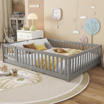 Full Size Montessori Floor Bed with Slats, Door and Guardrails, Gary | Low Profile Montessori Bed with Fence, Easy