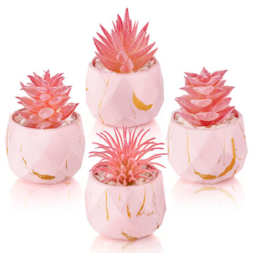 4 Pack Small Fake Succulents in Pink Pots Desk Decor