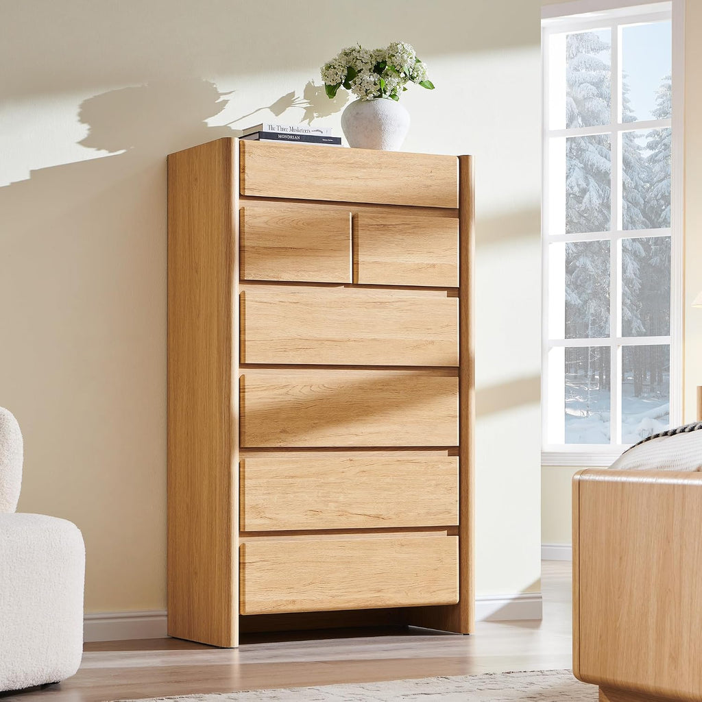 Modern 7 Drawers Dresser , 54.7" Tall Large Dresser & Chests of Drawers w/Rounded Corner, Wood Handleless Organizer