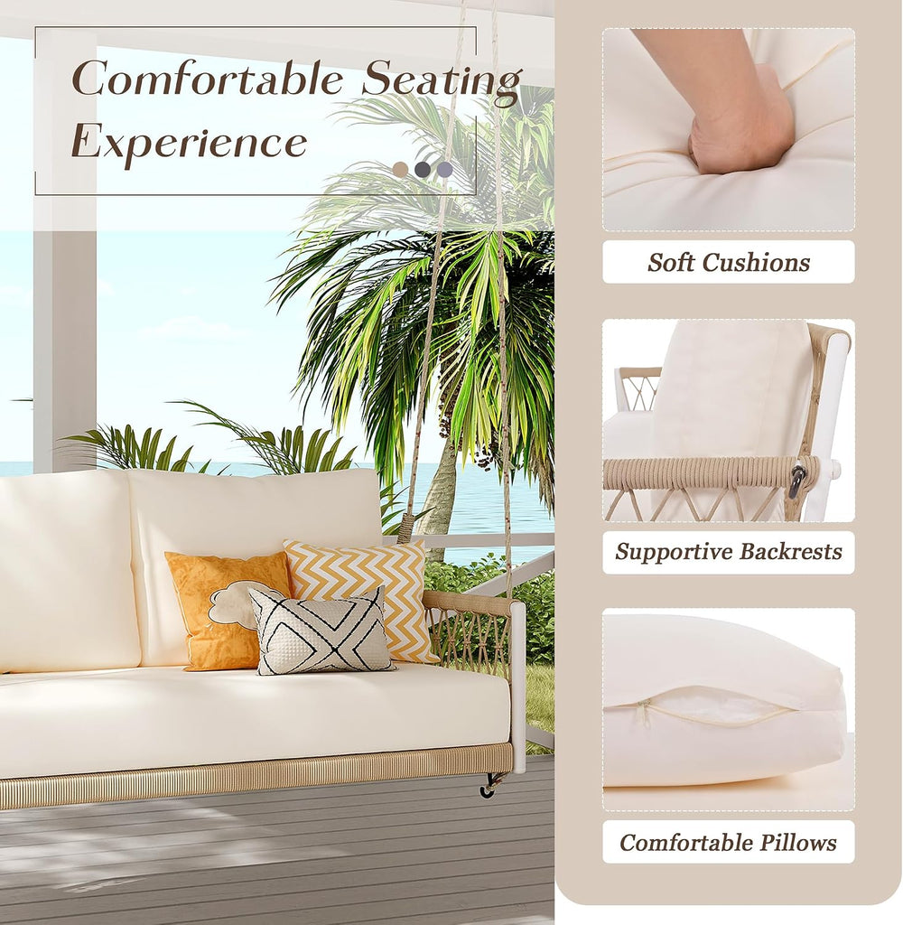 51.6" Porch Swing Bed with Cushions, 2-Person Patio Swing Bench, PE Wicker Outdoor Hanging Seat with Woven Rattan