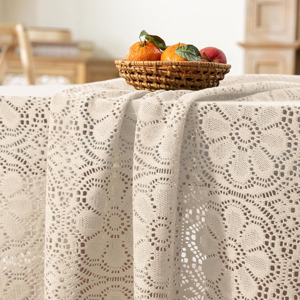 Boho Crochet Tablecloth Rectangle 60 x 84 Inch Beige Farmhouse Handmade Embroidered Cotton Lace Tabl