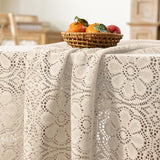 Boho Crochet Tablecloth Rectangle 60 x 84 Inch Beige Farmhouse Handmade Embroidered Cotton Lace Tabl