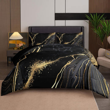 Tailor Shop Marble Bedding Set Soft Microfiber Black and Gold Comforter Set Queen for Kids Men and Women with 1 Marble