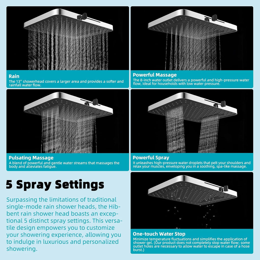 Rain Shower Head, 13'' High Pressure Rainfall Square 5 Spray Mode Showerhead with 16" Shower Head Extension Arm