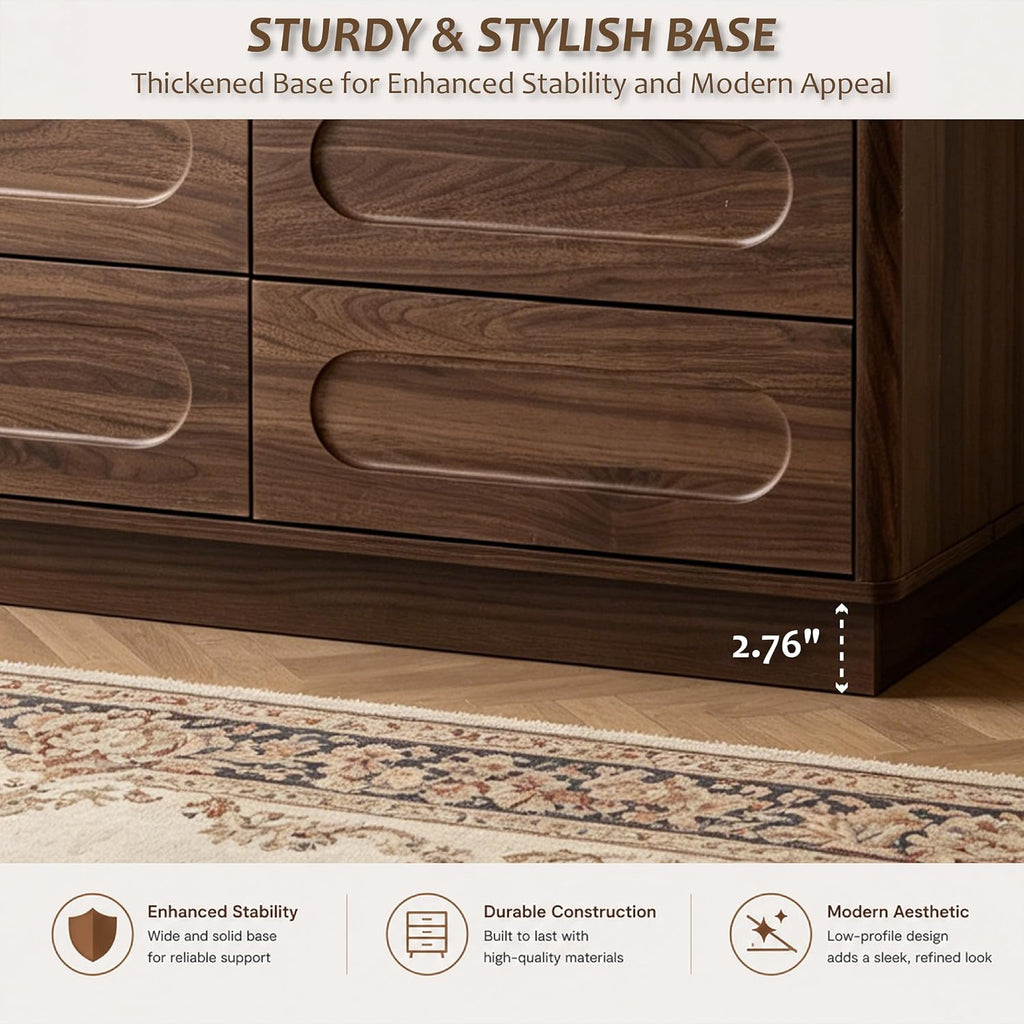 Modern 6 Drawer Dresser with Push-to-Open Drawers, Mid-Century Wide Bedside Table with Raised Base , Oval Groove