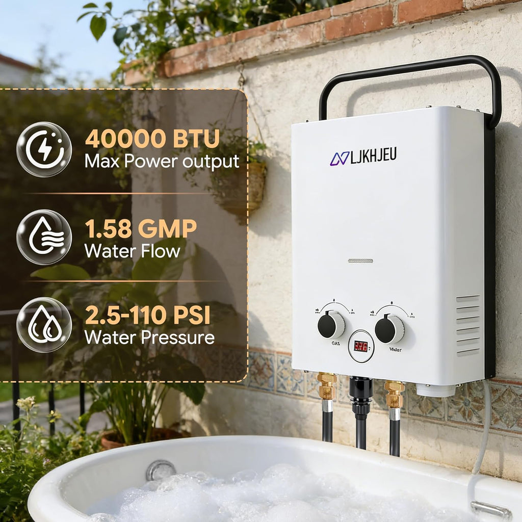 Outdoor Propane Tankless Water Heater - 6L 1.58 GPM Portable Gas Water Heater with Digital Display Overheating