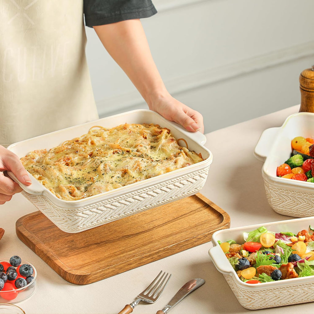 Casserole Dishes for Oven, Beige Ceramic Dish Set of 3 | 9x13" Rectangular Lasagna Pans Casserole Dish Set for