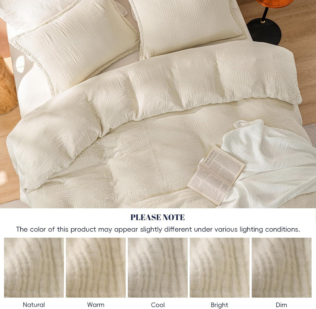 Cotton Muslin Duvet Cover, 3-Layer Soft Lightweight & Breathable Textured Gauze, Skin-Friendly Minimalist