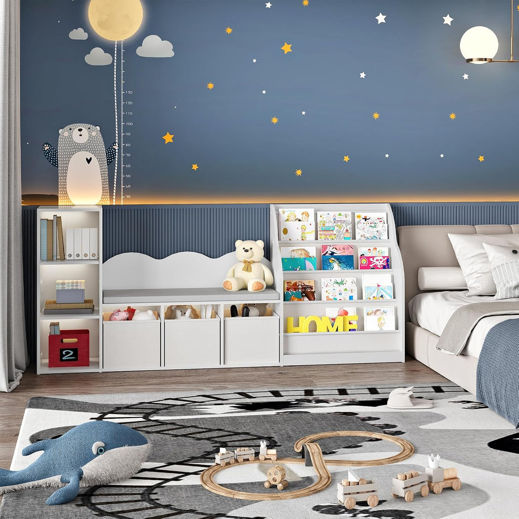 66.9" Kids Bookshelf with Reading Nook, 3-in-1 Kids Bookcase with Cushion and Sling Shelf, Toy Chest Storage with