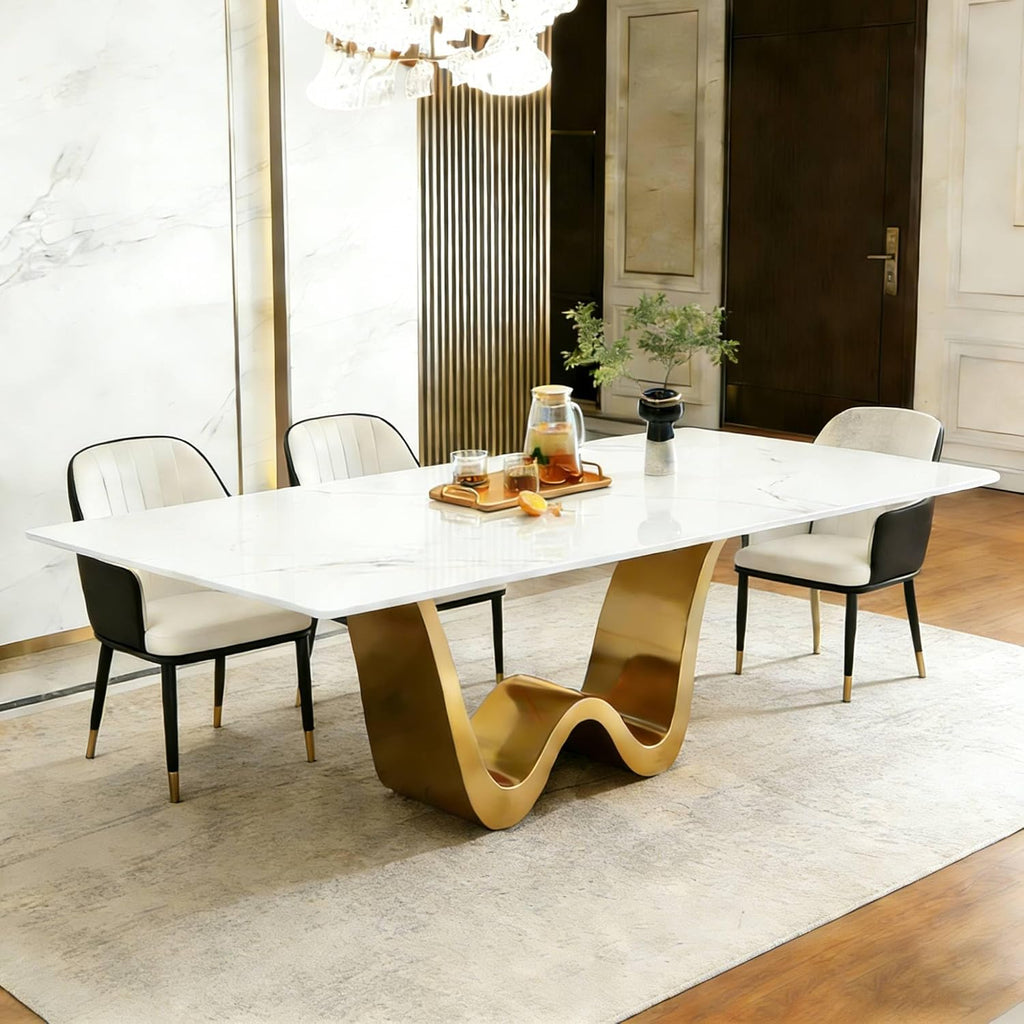 78.74" Sintered Stone Dining Table for 6-8, Modern Luxury White & Gold Rectangle Kitchen Table with Stone Slate