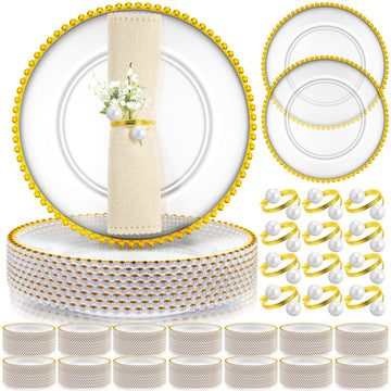 50 Set Clear Beaded Charger Plates Bulk for Wedding, 13 Inch