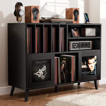 XL Record Player Stand with Sliding Doors, 500+ Vinyl Record Storage Cabinet