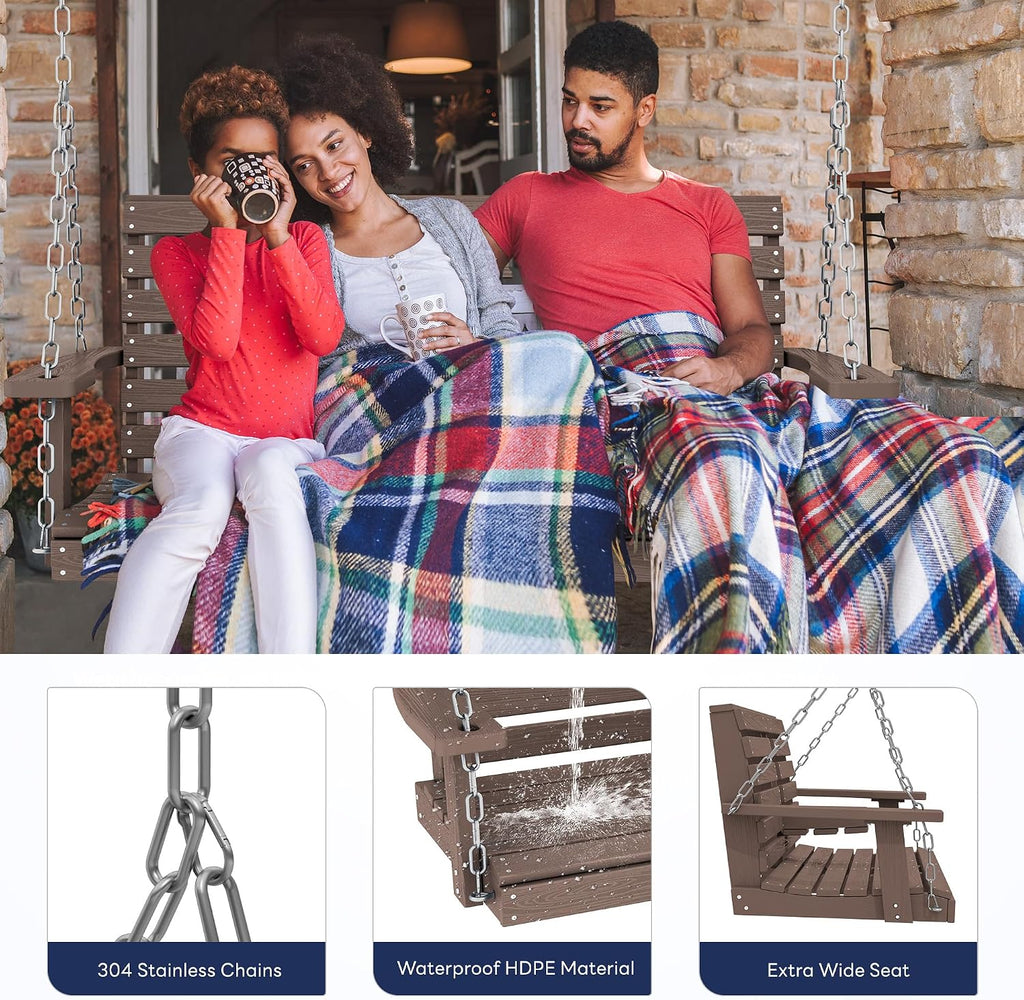 Outdoor Hanging Porch Swing, Waterproof Swing with Cup Holders for Courtyard & Garden, 660LBS Weight Capacity, White